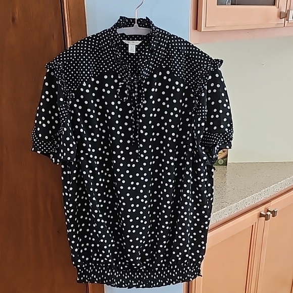 Cato Tops - Black Polka Dot ruffle blouse with elastic band waist